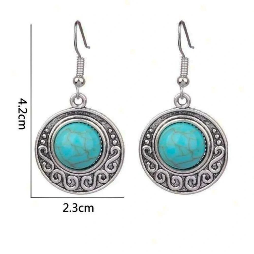 Any 3/$25! Silver Engraved Boho Turquoise Drop Earrings - Picture 2 of 4